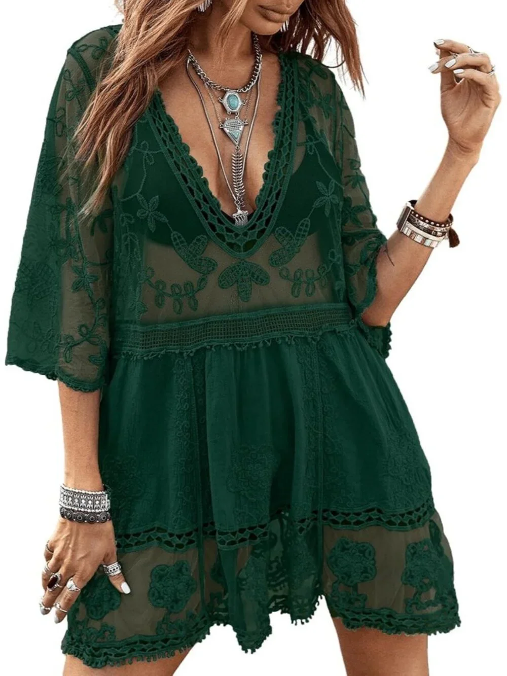 Women's Dark Green Rayon V-Neck Coverup Mesh Lace Bathing Suit Swimsuit Coverup